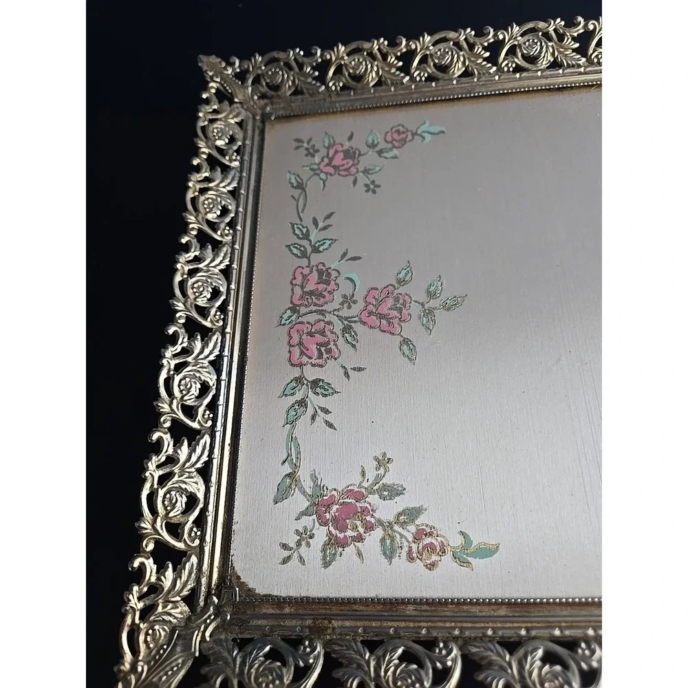 VTG Hollywood Regency Gold Tone Glass Rectangle Vanity Tray Filigree 14.5 x 9.5